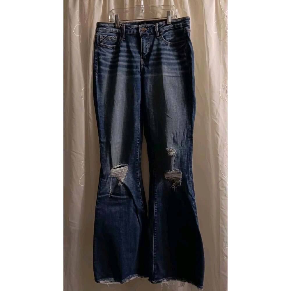 Women BKE Buckle Black Label Jeans 27 Long Destroyed Flare Tummy Control Revival